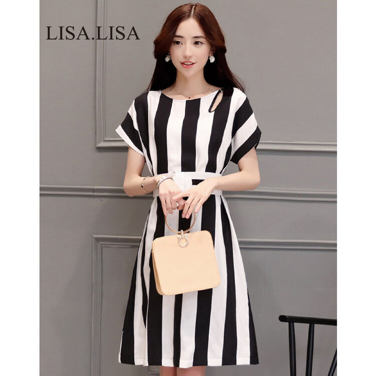 lisa 知性条纹收腰圆领短袖连衣裙女裙子 黑白条纹 s