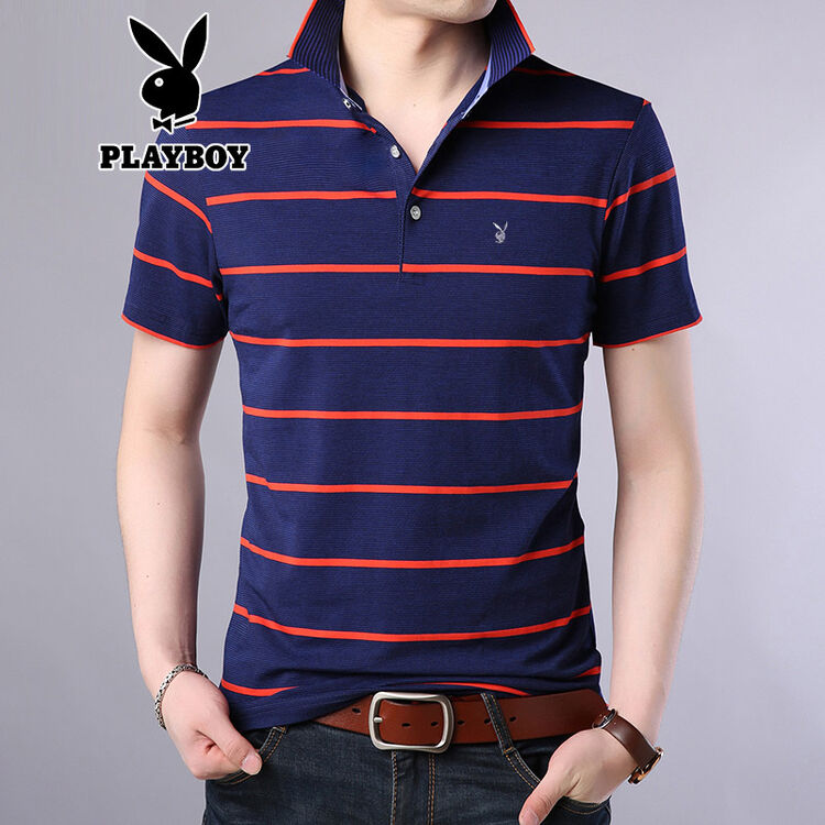 正品花花公子短袖t恤男式条纹修身翻领上衣爆款夏季2018新款男士翻领
