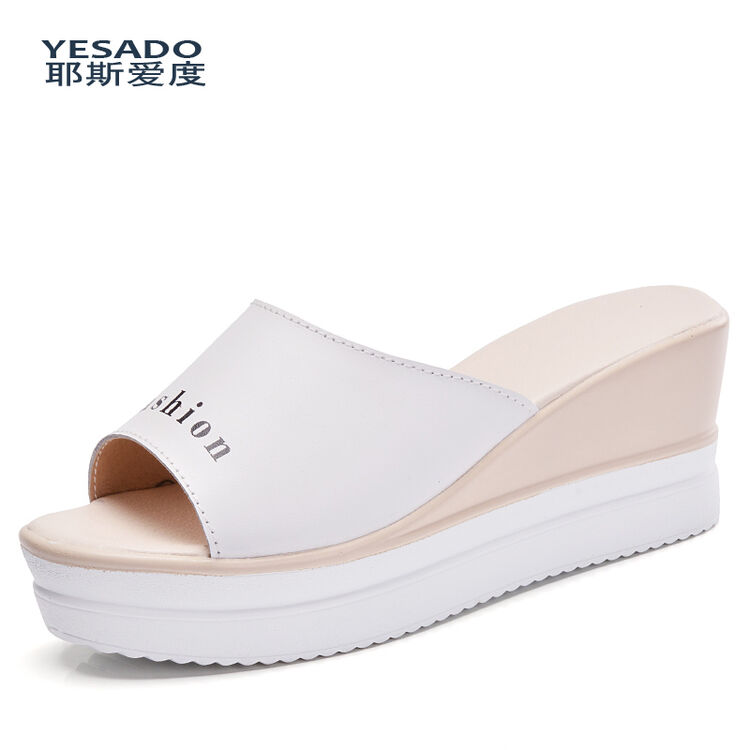 耶斯爱度凉拖鞋女2018新款厚底女坡跟松糕鞋女鞋软底舒适 白色 35