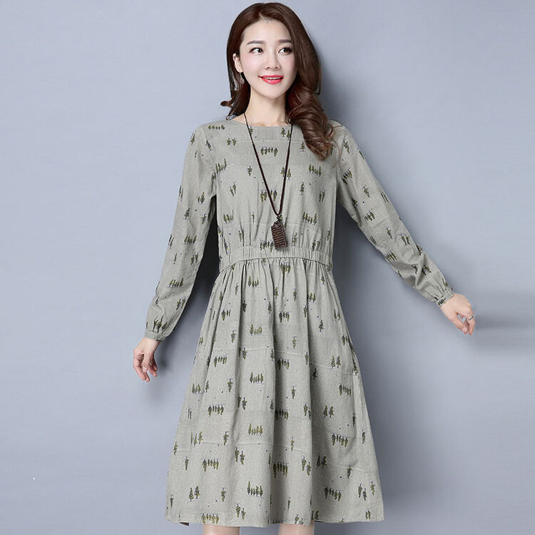 棉麻连衣裙女中长款女装2018春装新款长袖裙子修身休闲棉布碎花裙 浅