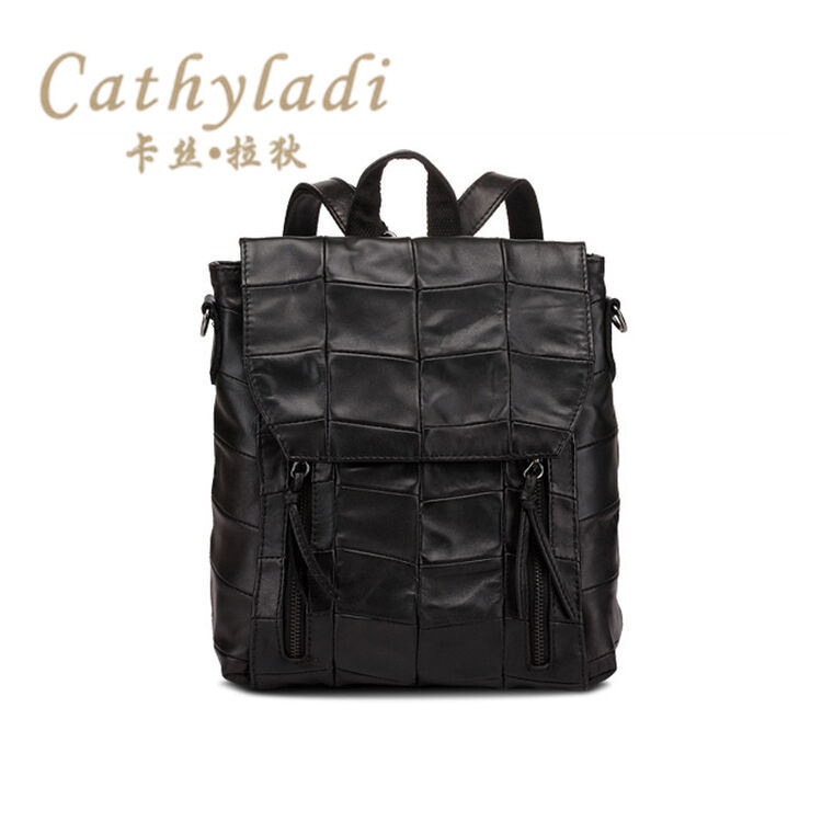 cathyladi 简约双肩包女复古风格纹纯色休闲简约真皮