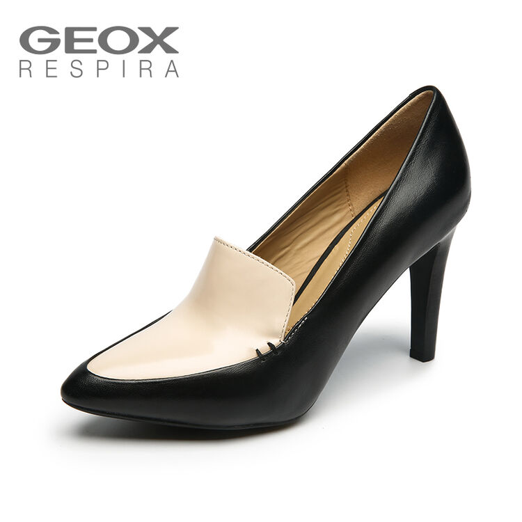 geox/健乐士女鞋拼色时尚尖头细高跟拼接休闲透气皮鞋d44w1a 黑色/裸