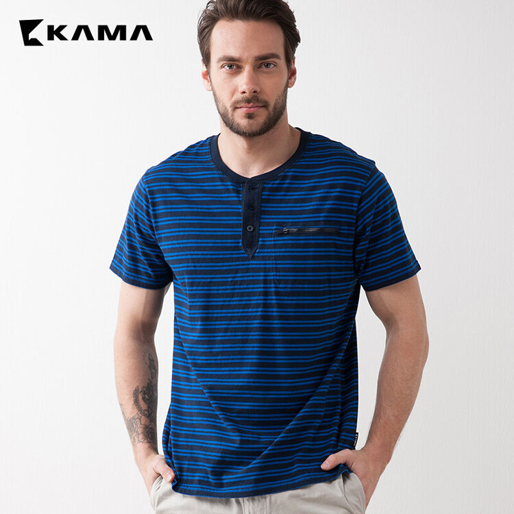 卡玛kama 夏季t恤男短袖开胸纽扣撞色条纹拉链口袋圆领t恤2216541 深