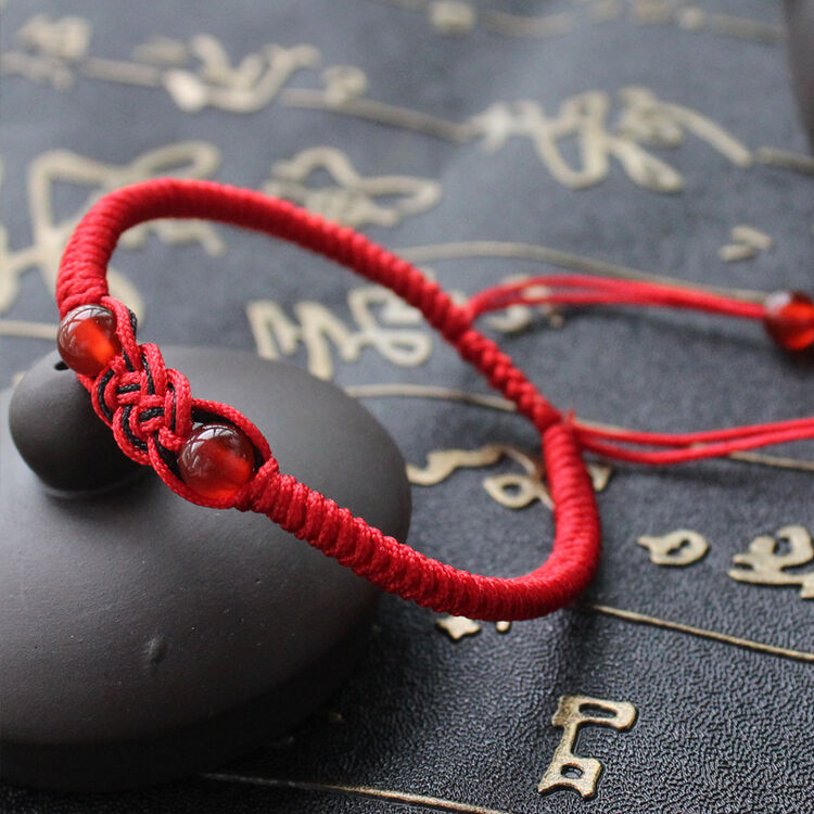 情侣红绳手链一对本命年男女款简约转运珠红线编织同心结玛瑙手串 红