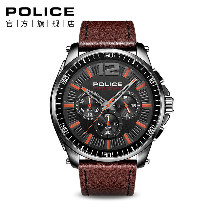 police意大利手表潮流运动男士石英表真皮带多功能男腕表pl.