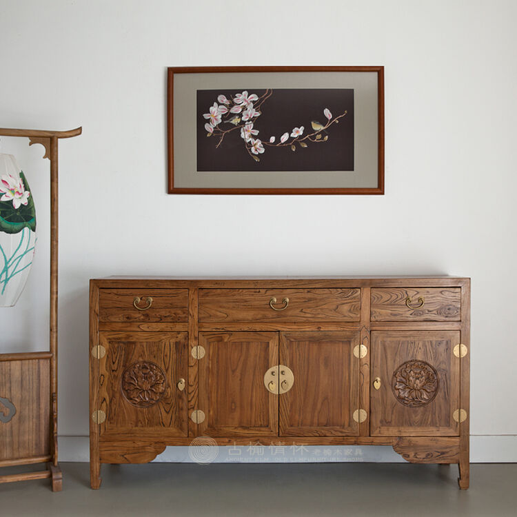 家具现代中式老榆木餐边柜实木储物碗柜子雕花装饰玄关柜 8号色 4门