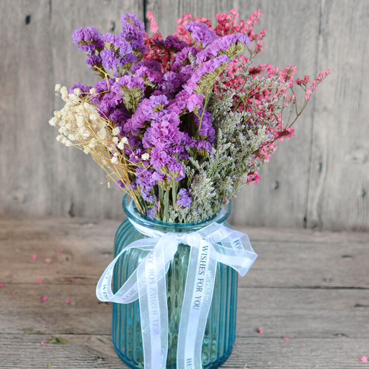 插花玻璃瓶摆件餐桌混搭真干花束客厅卧室装饰彩色满天星勿忘我情人草