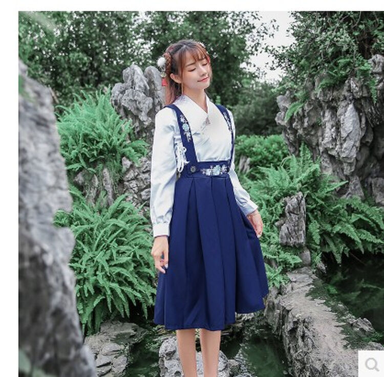 古装学生上衣服装短裙中国风日常改良女装古风汉服套装fjq 蓝色短款