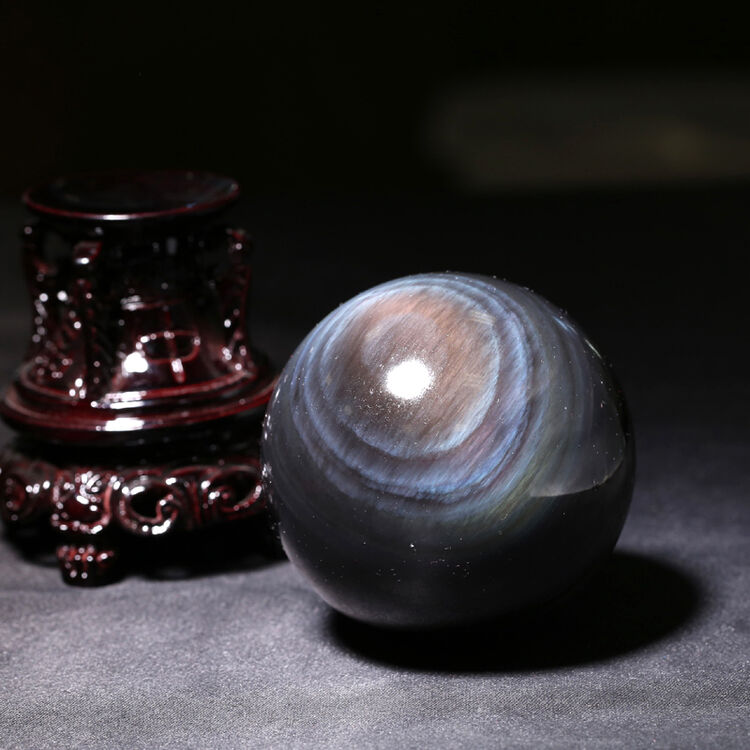 宫妃 蓝眼冰种黑曜石水晶球摆件 双猫眼家居客厅装饰品风水球摆件