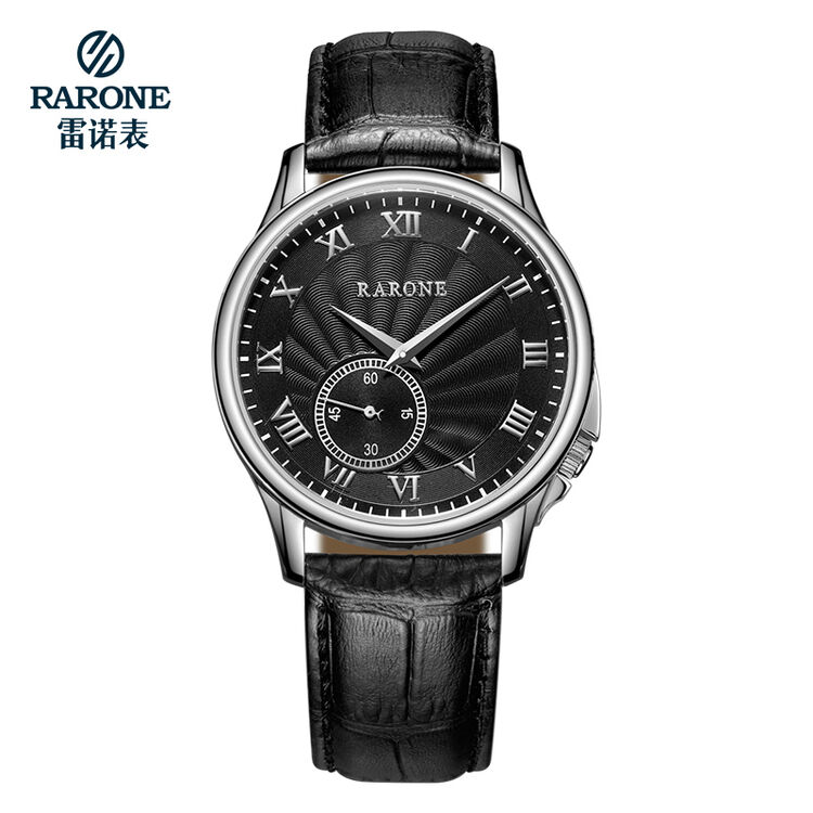 雷诺(rarone)手表 男简约时尚复古皮带石英表 黑面银钉 8381291805