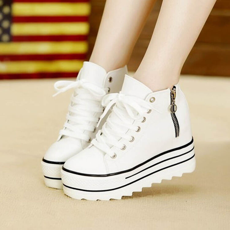 2018春秋韩版女鞋松糕厚底系带女休闲女帆布鞋高帮内增高学生女单鞋zc