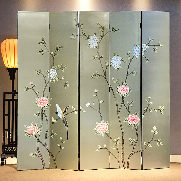 中国风手绘花鸟屏风 中式古典办公室可移动折叠折屏现代简约隔断 40*