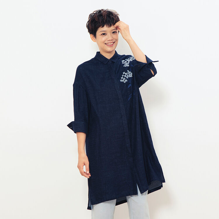 布景春季新款长袖衬衫 长款绣花棉麻上衣外套 藏蓝色 s