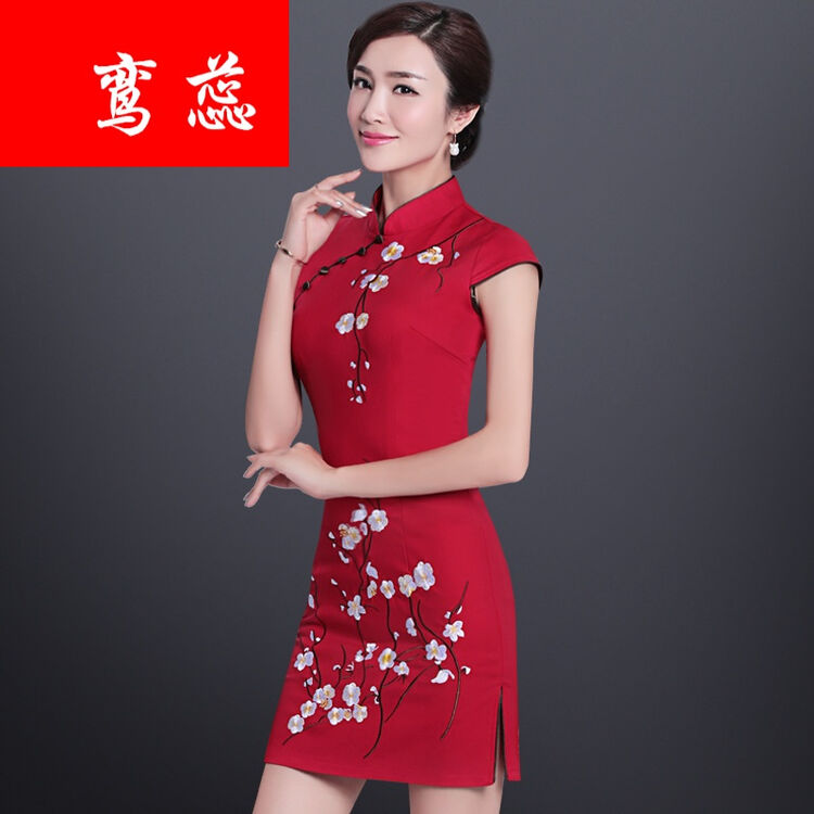改良旗袍短款中式复古新娘装敬酒服梅花开叉棉质民族旗袍连衣裙 红色