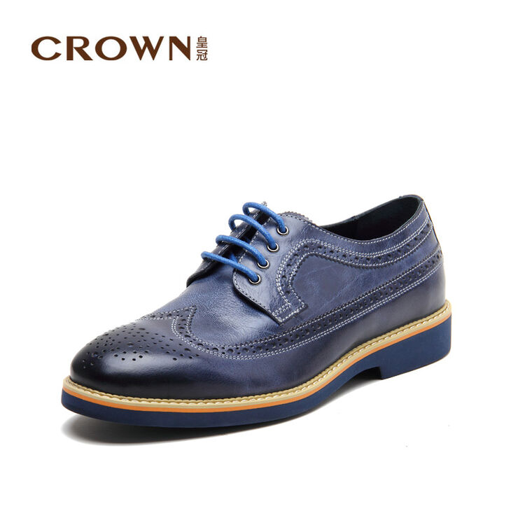 crown皇冠男鞋男士布洛克英伦时尚潮流商务型擦色牛皮商务休闲鞋 深