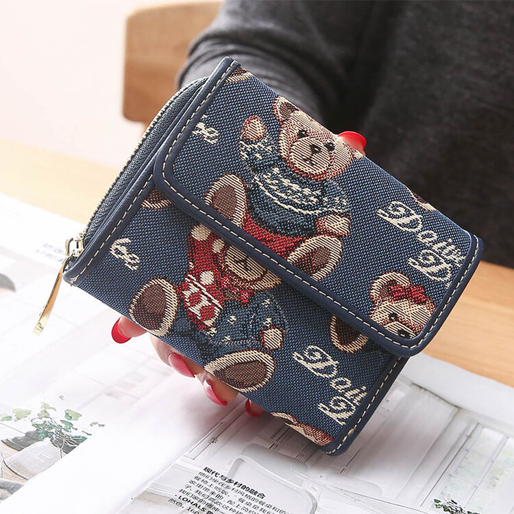 短款小钱包女新款帆布艺钱夹韩版可爱小熊学生简约皮夹折叠零钱包 蓝