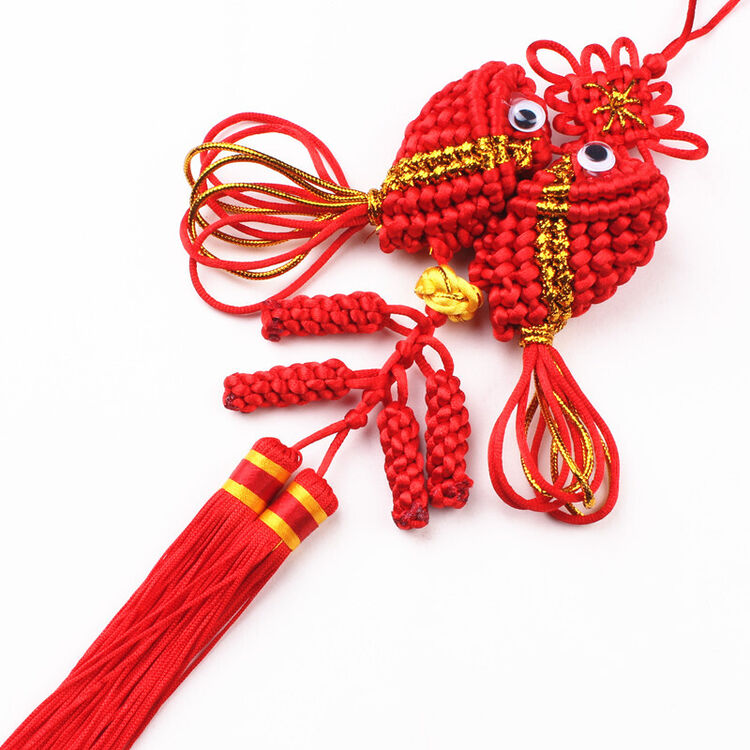 标跃 手工金鱼挂件布艺对鱼亮片福字鱼挂饰中国结双鱼结挂件汽车改装