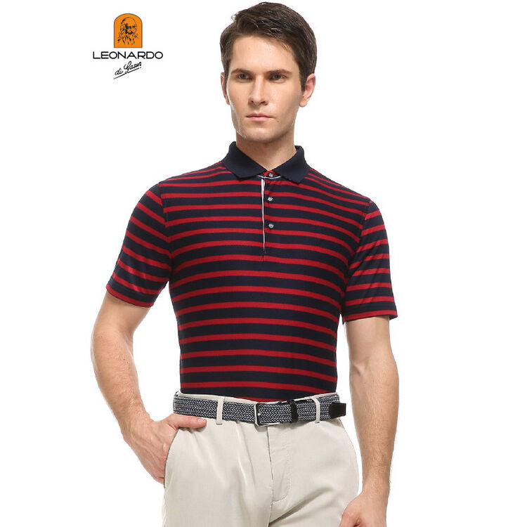 利奥纳多leonardo di gasun 蓝/红色全棉横条纹吸汗透气商务短t 蓝/红