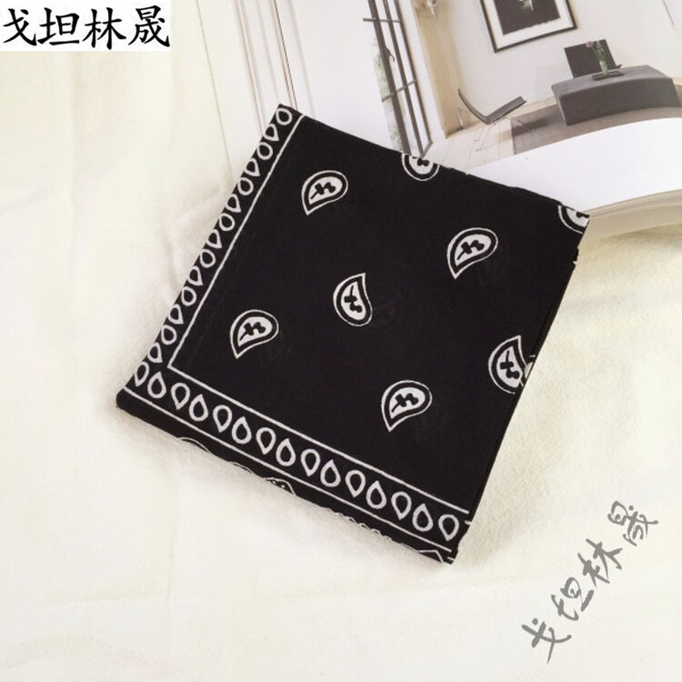 林晟韩国复古腰果花方巾丝巾ins欧美街头嘻哈时尚民族风头巾发带 黑色