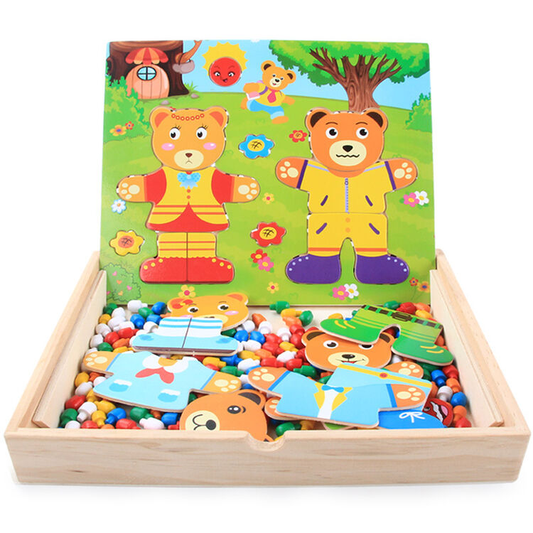 木制数字时钟小熊蘑菇钉组合儿童拼图学习盒早教玩具