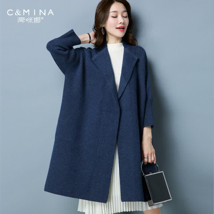 衫女秋冬西装领大衣女装宽松中长款毛衣外套纯色加厚针织开衫 藏青色