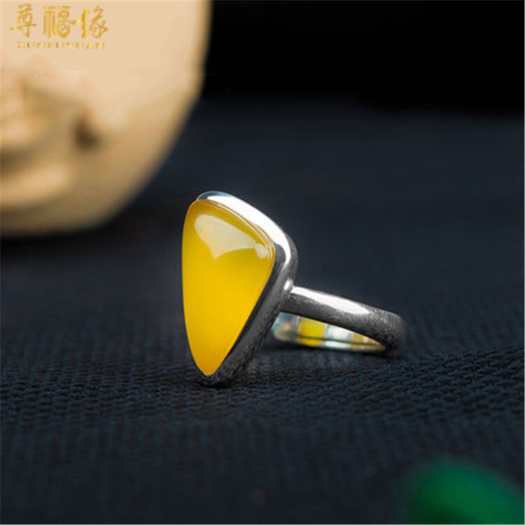 尊福缘 黄白玛瑙玉髓戒指925银镶嵌指环 白玛瑙