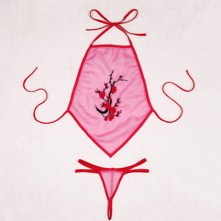 情趣肚兜套装女蕾丝性感睡裙古典刺绣睡衣吊带透明内衣 玫红色 【肚兜