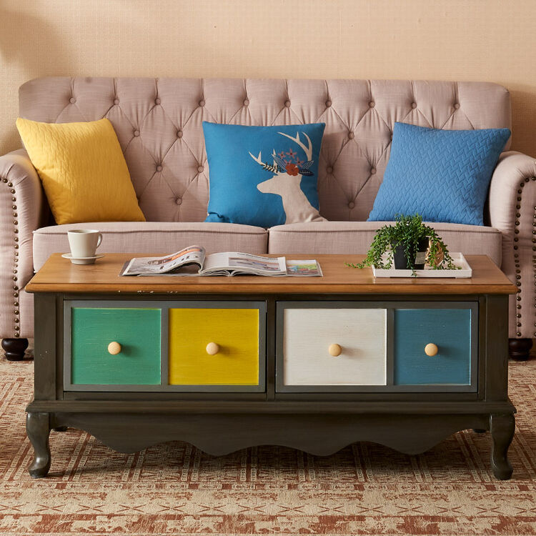 地中海客厅家具美式乡村田园彩绘茶几欧式手绘复古做旧实木茶桌