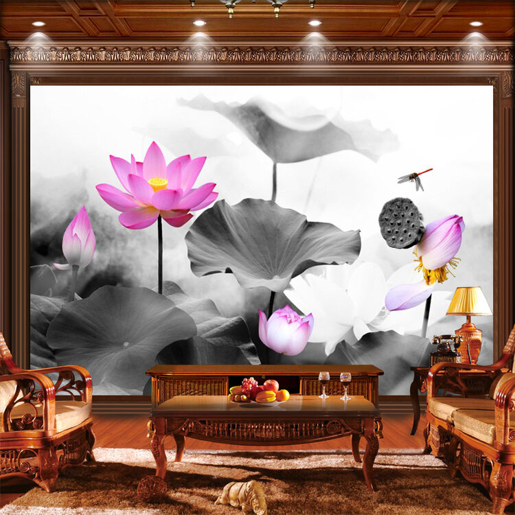 豪咖无缝壁画电视墙客厅背景墙新中式水墨荷花3d5d整体墙布定制