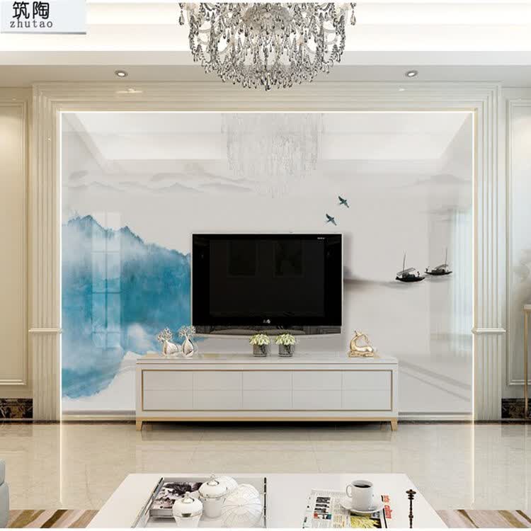 筑陶(zhutao) 瓷砖背景墙现代3d微晶石客厅山水湖舟墨影艺术墙电视