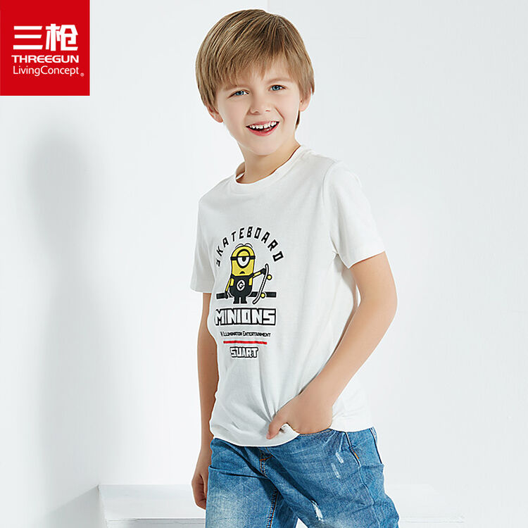 三枪童装 卡通ip 舒肤柔薄纯棉女童男童儿童圆领短袖衫t恤 小黄人-白