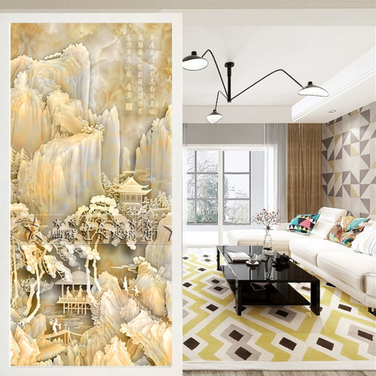 艺术玻璃简欧装饰屏风隔断入户玄关背景墙仿玉雕流水生财山水画