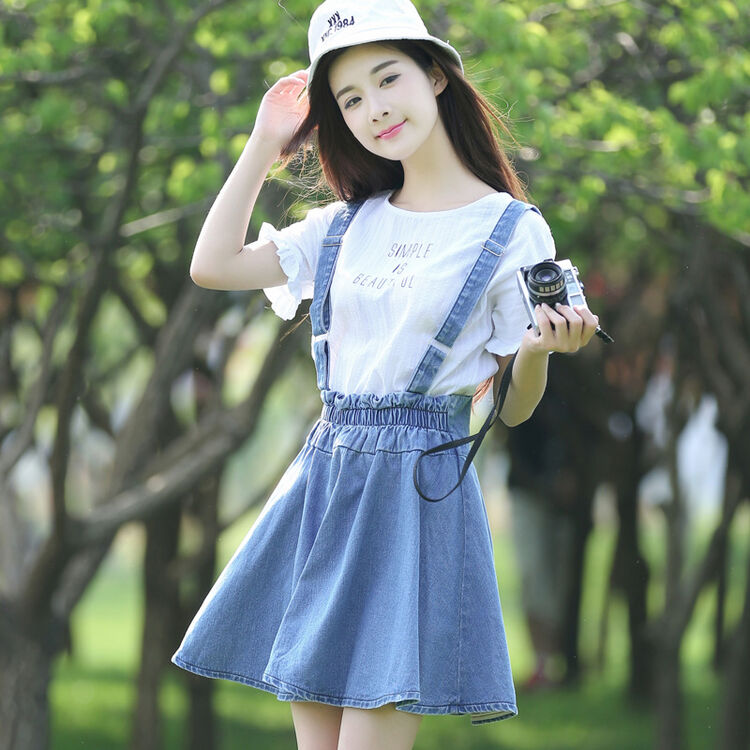 榜贤2018春装新款学生蓬蓬裙裙子吊带连衣裙牛仔背带裙 922 浅蓝色 s