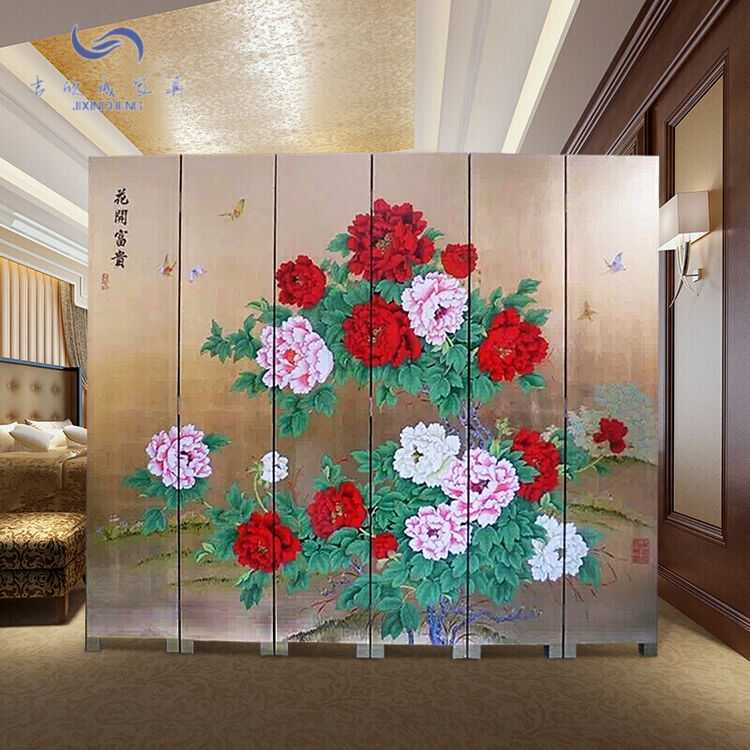 屏风 隔断时尚简约现代 折屏隔断客厅办公酒店手绘金箔底花开富贵