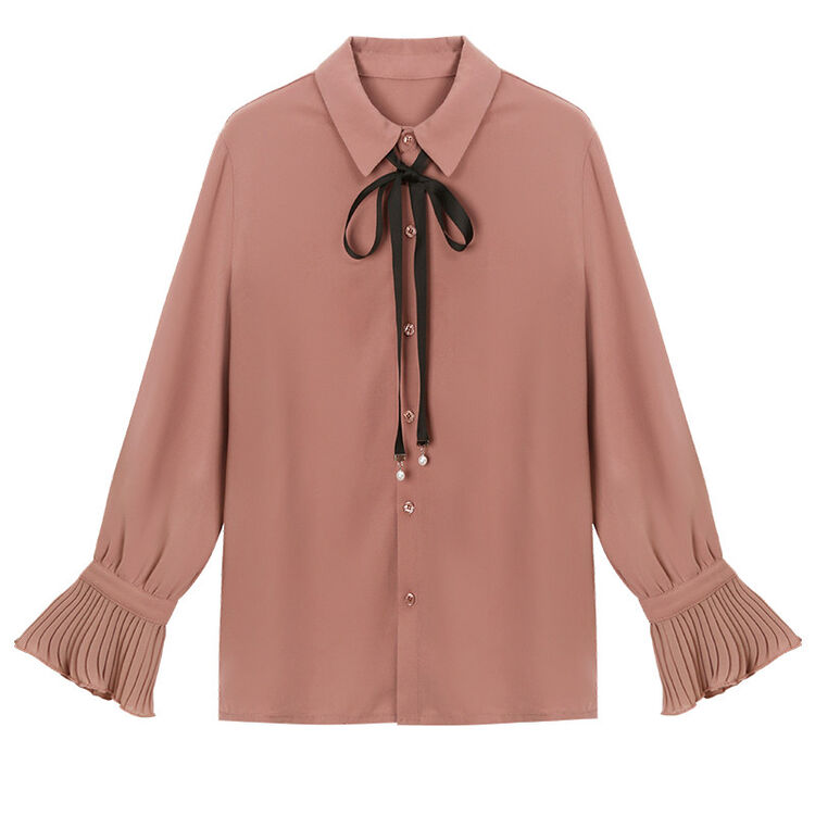 春季新款雪纺衬衫女长袖飘带宽松韩范学生简约系带蝴蝶结上衣 豆沙色