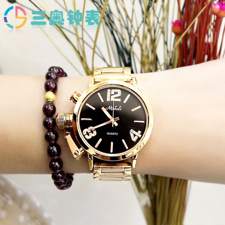 三奥2018新款时尚大表盘钢带手表女士表学生时装表n7c0344 玫瑰金黑面