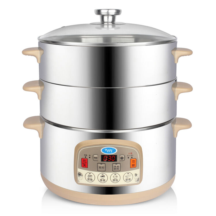 304不锈钢电蒸锅二层电蒸笼家用 多功能大容量电蒸汽锅蒸菜可预约 银