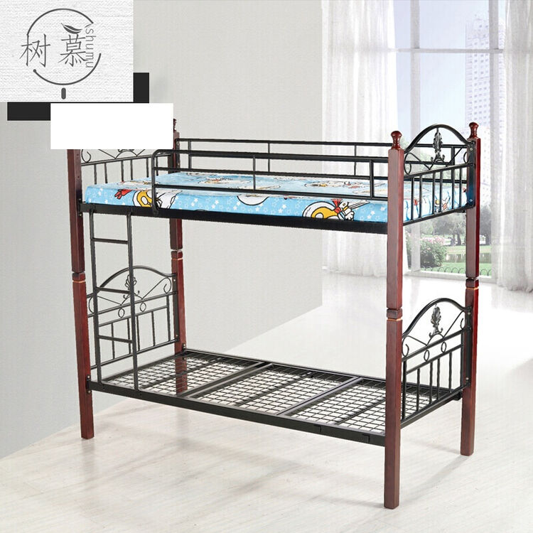 现代时尚实木单人床高低床上下床双层床铁木床铁床 原色木脚 90190cm