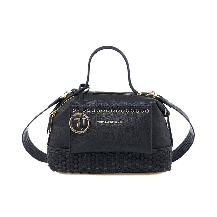 trussardi jeans杜鲁萨迪 18春夏 女士黑色聚氨酯编织手提包75b00279