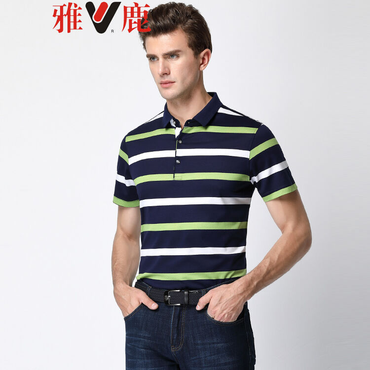 雅鹿t恤男短袖桑蚕丝t恤衫中青年商务休闲夏季polo衫条纹时尚半袖吸汗