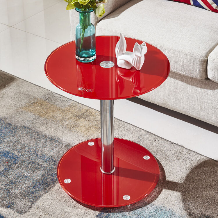 钢化玻璃圆形小茶几简约现代沙发边桌阳台休闲小圆桌迷你桌子 红色