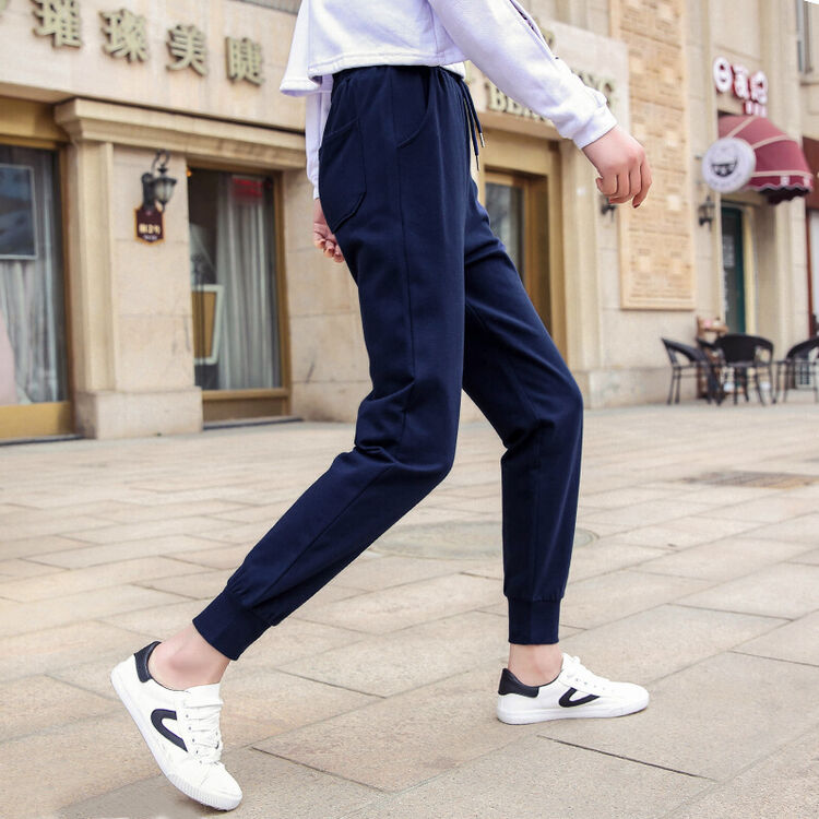 英伦班纳韩版小脚运动裤女长裤显瘦bf休闲裤女卫裤收脚哈伦裤 蓝色 l