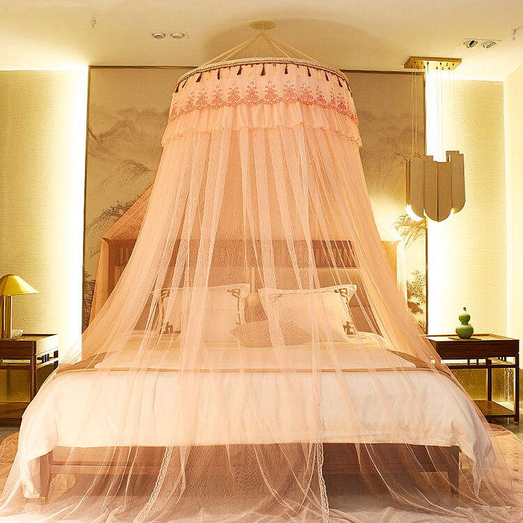 公主大圆顶吊顶蚊帐落地吸盘蚊帐加大加密帐纱多规格蚊帐 玉色