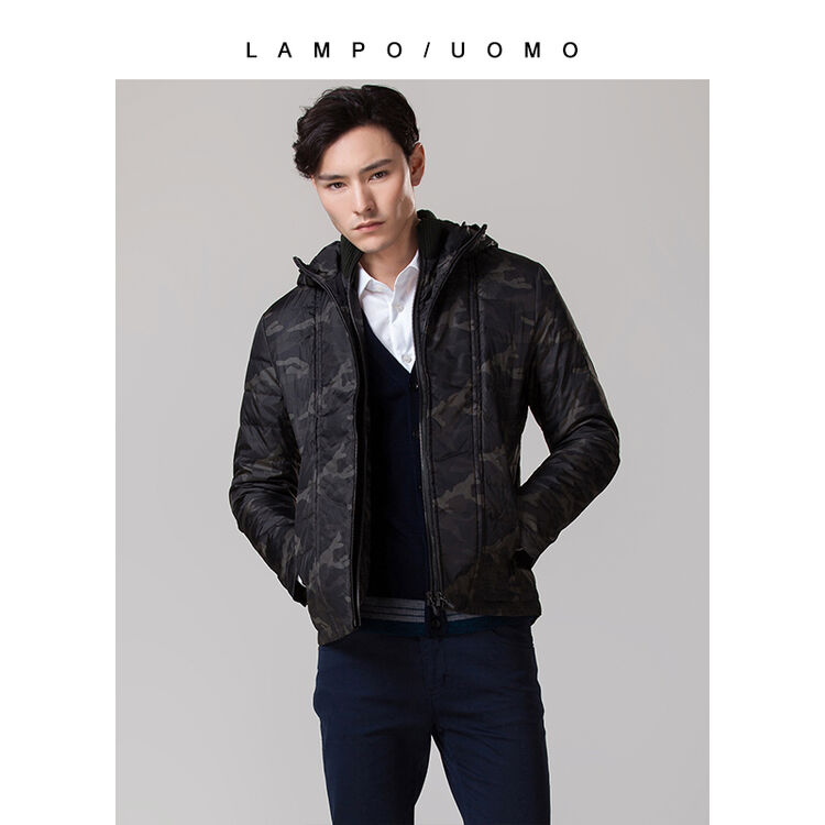 lampo/蓝豹秋冬羊毛罗纹领可脱卸挂面墨绿90白鸭绒男士羽绒服 墨绿 50