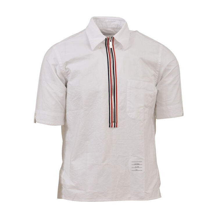 thom browne/tb汤姆布朗恩男士白色棉质条纹拉链翻领短袖polo衫 白色
