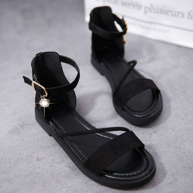 罗马凉鞋女夏 露趾一字扣带百搭大童学生鞋平底初中生少女沙滩鞋 黑色
