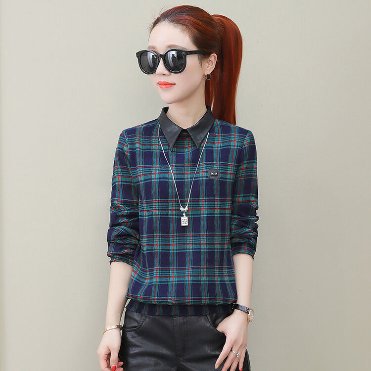 经典格子小衫女秋冬季韩版气质显瘦加厚保暖t恤打底衫潮 蓝色 m
