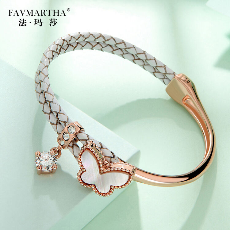 法玛莎春夏新款时尚手链女 日韩简约个性编织皮绳采用施华洛元素首饰