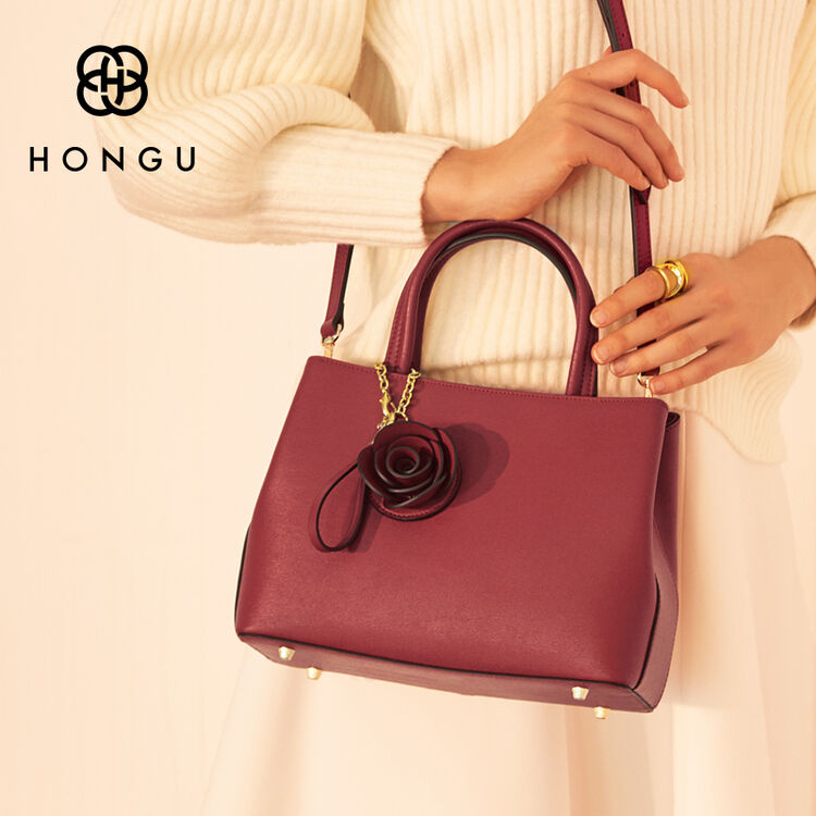 hongu红谷真皮女包2018新款手提包女包斜挎包牛皮女士杀手包花朵气质