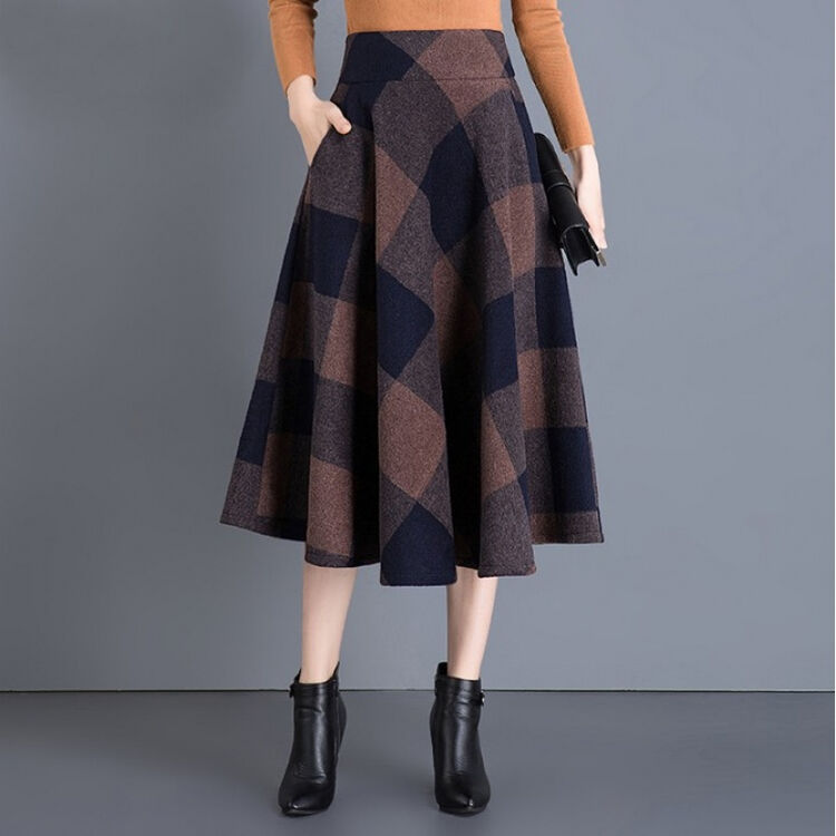 大格子毛呢半身裙大码高腰中裙 卡其 s【图片 价格 品牌 评论】-京东